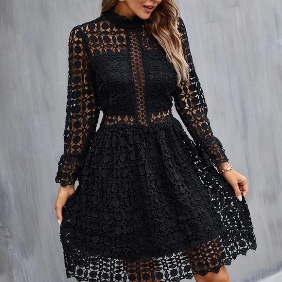 Black Mock Neck Flounce Sleeve Lace Dress - Picture 2 of 6